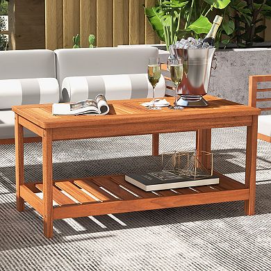 2 Tier Outdoor Coffee Table with Storage Shelf Solid Wood Patio Table
