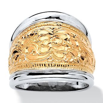 Gold-Plated .925 Sterling Silver Two-Tone Scroll Motif Cigar Band Ring
