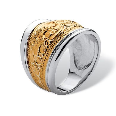 Gold-Plated .925 Sterling Silver Two-Tone Scroll Motif Cigar Band Ring