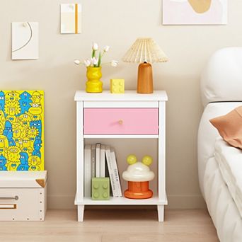 Nightstand with Drawer and Open Shelf, Sturdy Bedside Table for Bedroom, Kids Room, Living Room