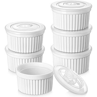 Zoulao Set of 6 Porcelain Ramekins, 8 oz with Lids, Oven & Dishwasher Safe, White.