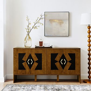 KWPZQEB Retro Geometric Pattern Sideboard with Adjustable Shelves, Coffee Bar Cabinet for Kitchen