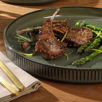 Gibson Elite 12 Piece Townscape Plates and Bowls Reactive Glaze Embossed Round Dinnerware Set