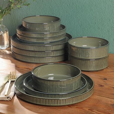 Gibson Elite 12 Piece Townscape Plates and Bowls Reactive Glaze Embossed Round Dinnerware Set