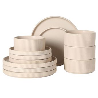 Gibson Elite 12 pc Townscape Plates and Bowls Reactive Glaze Embossed Round Dinnerware Set