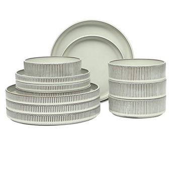 Gibson Elite 12 pc Townscape Plates and Bowls Reactive Glaze Embossed Round Dinnerware Set