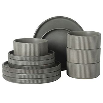 Gibson Elite 12 pc Townscape Plates and Bowls Reactive Glaze Embossed Round Dinnerware Set