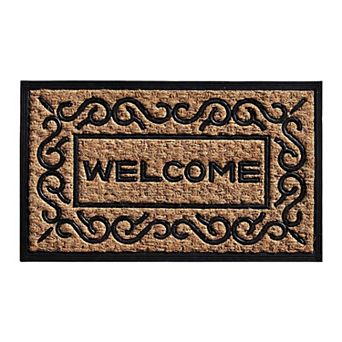 HomeRoots 18" X 30" Natural And Black Coir Welcome Outdoor Door Mat