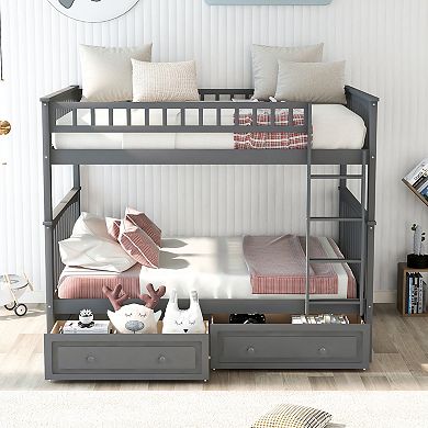 KWPZQEB Modern Pine Full over Full Bunk Bed with 2 Drawers & Guardrails, Convertible Bed