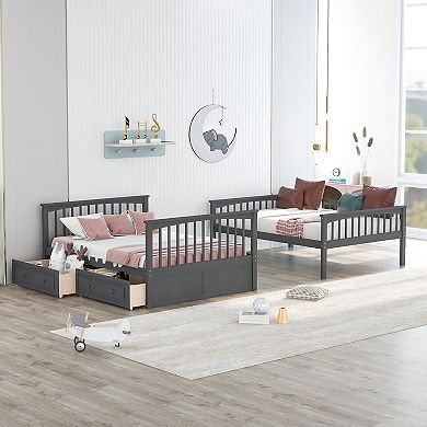 KWPZQEB Modern Pine Full over Full Bunk Bed with 2 Drawers & Guardrails, Convertible Bed