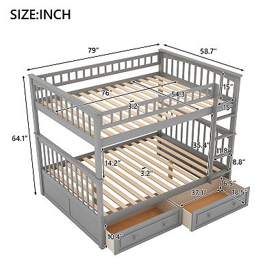 KWPZQEB Modern Pine Full over Full Bunk Bed with 2 Drawers & Guardrails, Convertible Bed