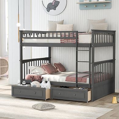 KWPZQEB Modern Pine Full over Full Bunk Bed with 2 Drawers & Guardrails, Convertible Bed
