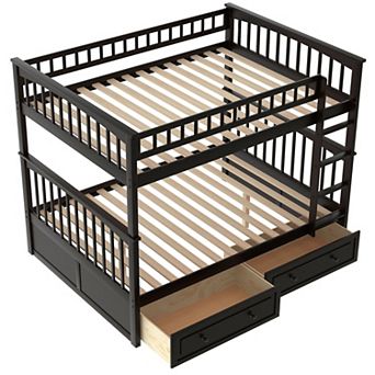KWPZQEB Modern Pine Full over Full Bunk Bed with 2 Drawers & Guardrails, Convertible Bed