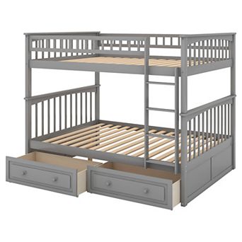 KWPZQEB Modern Pine Full over Full Bunk Bed with 2 Drawers & Guardrails, Convertible Bed