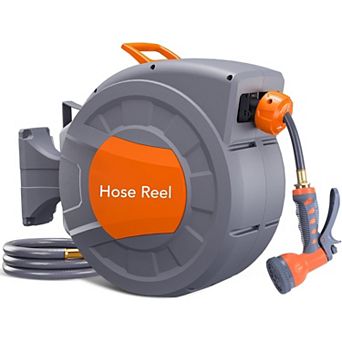 65 ft retractable hose reel, 1/2", 9-function sprayer, auto rewind, 180° swivel wall mount.