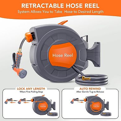 65 ft retractable hose reel, 1/2", 9-function sprayer, auto rewind, 180° swivel wall mount.