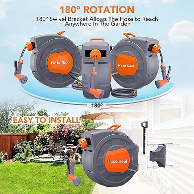 65 ft retractable hose reel, 1/2", 9-function sprayer, auto rewind, 180° swivel wall mount.