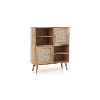 Rattan Buffet Cabinet Sideboard Storage Cabinet With 2 Doors And Cubbies