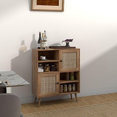 Rattan Buffet Cabinet Sideboard Storage Cabinet With 2 Doors And Cubbies