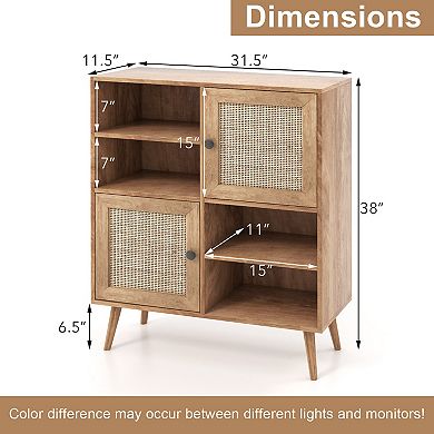 Rattan Buffet Cabinet Sideboard Storage Cabinet With 2 Doors And Cubbies