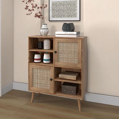 Rattan Buffet Cabinet Sideboard Storage Cabinet With 2 Doors And Cubbies