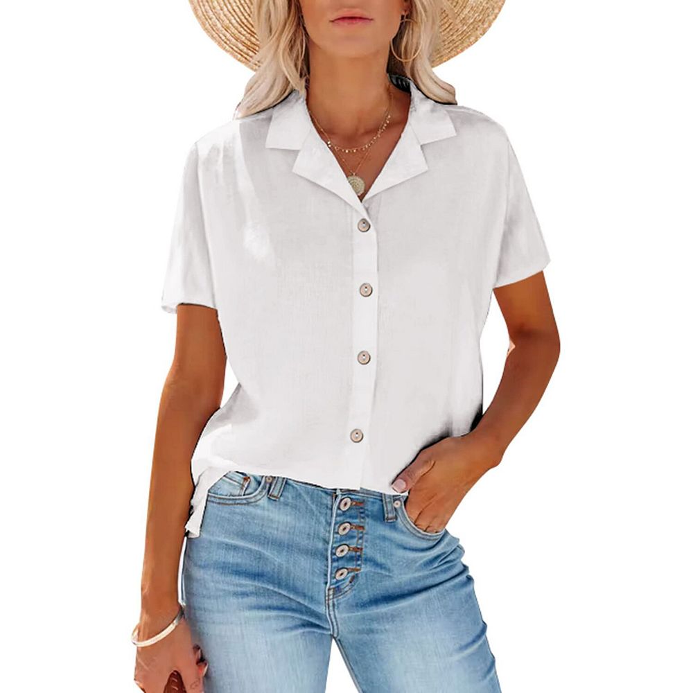 Zeagoo Women Cotton Shirt Button Down Short Sleeve