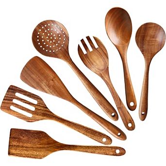7 pc Acacia Wood Cooking Utensils Set, Large Non-Toxic Spoons Spatulas
