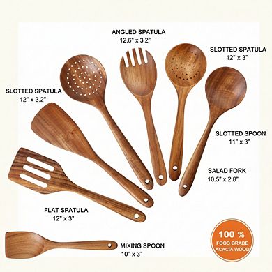 7-Piece Acacia Wood Cooking Utensils Set, Large Non-Toxic Spoons Spatulas