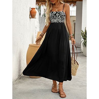 Women's Summer Cami Dresses Spaghetti Strap Shirred Floral Printing Patch Flowy Midi Sundress