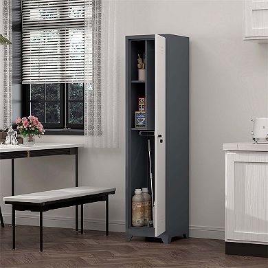 65" Narrow Broom Metal Cleaning Storage Cabinet With Hooks