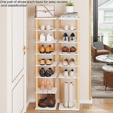 8 Tier Vertical Shoe Rack White Wood Freestanding Shelf Tower for Entryway Closet 1 Piece