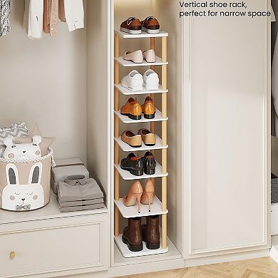 8 Tier Vertical Shoe Rack White Wood Freestanding Shelf Tower for Entryway Closet 1 Piece