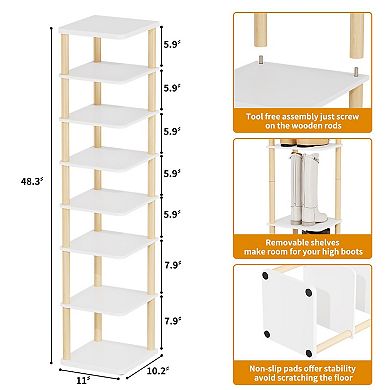 8 Tier Vertical Shoe Rack White Wood Freestanding Shelf Tower for Entryway Closet 1 Piece