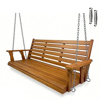 Wooden Porch Swing, Ergonomic Seat, Bench Swing with Hanging Chains and 7mm Springs