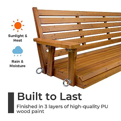 Wooden Porch Swing, Ergonomic Seat, Bench Swing with Hanging Chains and 7mm Springs