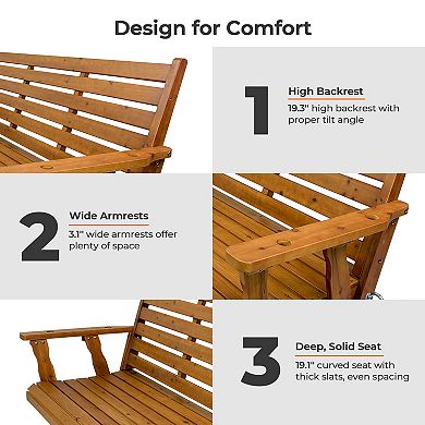 Wooden Porch Swing, Ergonomic Seat, Bench Swing with Hanging Chains and 7mm Springs