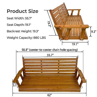 Wooden Porch Swing, Ergonomic Seat, Bench Swing with Hanging Chains and 7mm Springs