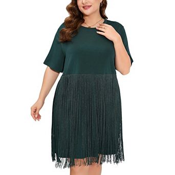 Women's Fringe Trim Short Sleeve Dress Loose Flowy A-Line Casual Midi Dress for Spring Summer
