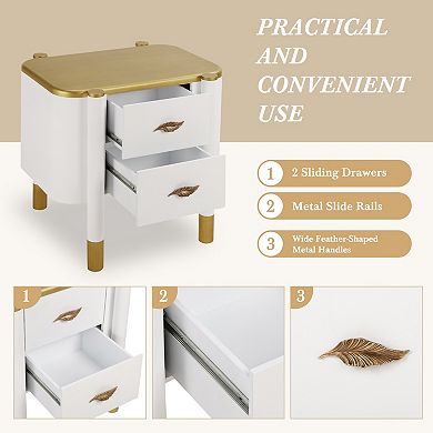 Modern 2-Drawer Nightstand with Feather Handles, Curved Side Table for Bedroom, Living Room