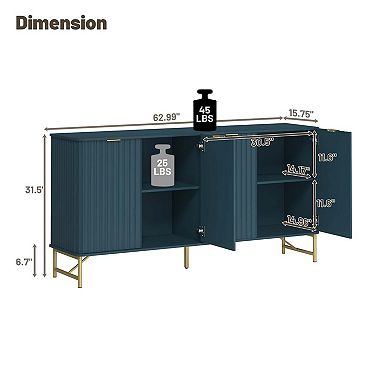 Modern 4 Door Accent Cabinet Large Storage Sideboard with Adjustable Shelves and Metal Legs
