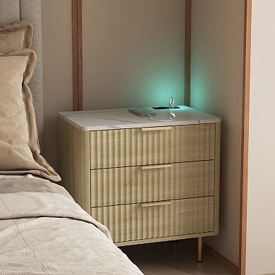 KWPZQEB Fluted Farmhouse Smart Nightstand with Charging Station & 2 Drawers for Bedroom