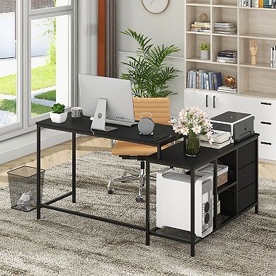 L Shaped Computer Desk with Power Outlet Convertible Home Office Desk
