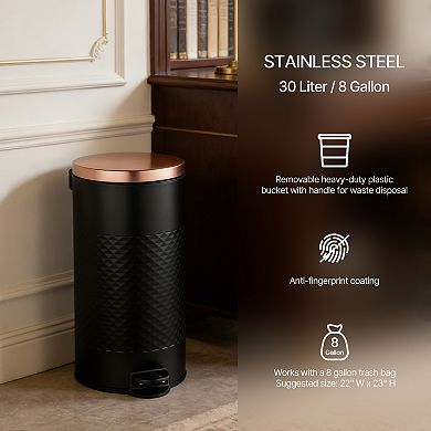 8 Gal./30 Liter Round Shape Step-on Trash Can with Diamond Body Design for Kitchen