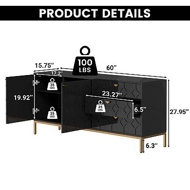60 in Black Storage Cabinet with 2 Doors and 3 Drawers Modern Sideboard with Gold Legs
