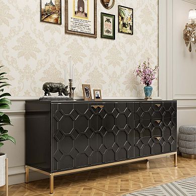 60 in Black Storage Cabinet with 2 Doors and 3 Drawers Modern Sideboard with Gold Legs