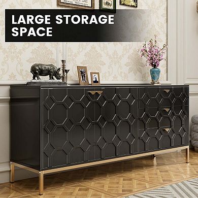 60 in Black Storage Cabinet with 2 Doors and 3 Drawers Modern Sideboard with Gold Legs