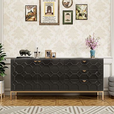 60 in Black Storage Cabinet with 2 Doors and 3 Drawers Modern Sideboard with Gold Legs
