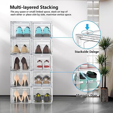 12 Pack Acrylic Shoe Organizer Clear Stackable Boxes 13.4x9.85x7.6 Inch for Closet Storage