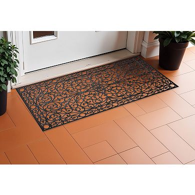 HomeRoots 36" X 72" Black Scrollwork Outdoor Rubber Door Mat