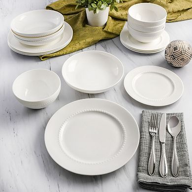 Gibson Elite Embossed Bone China Double Bowl Dinnerware Set, 16 Piece - White